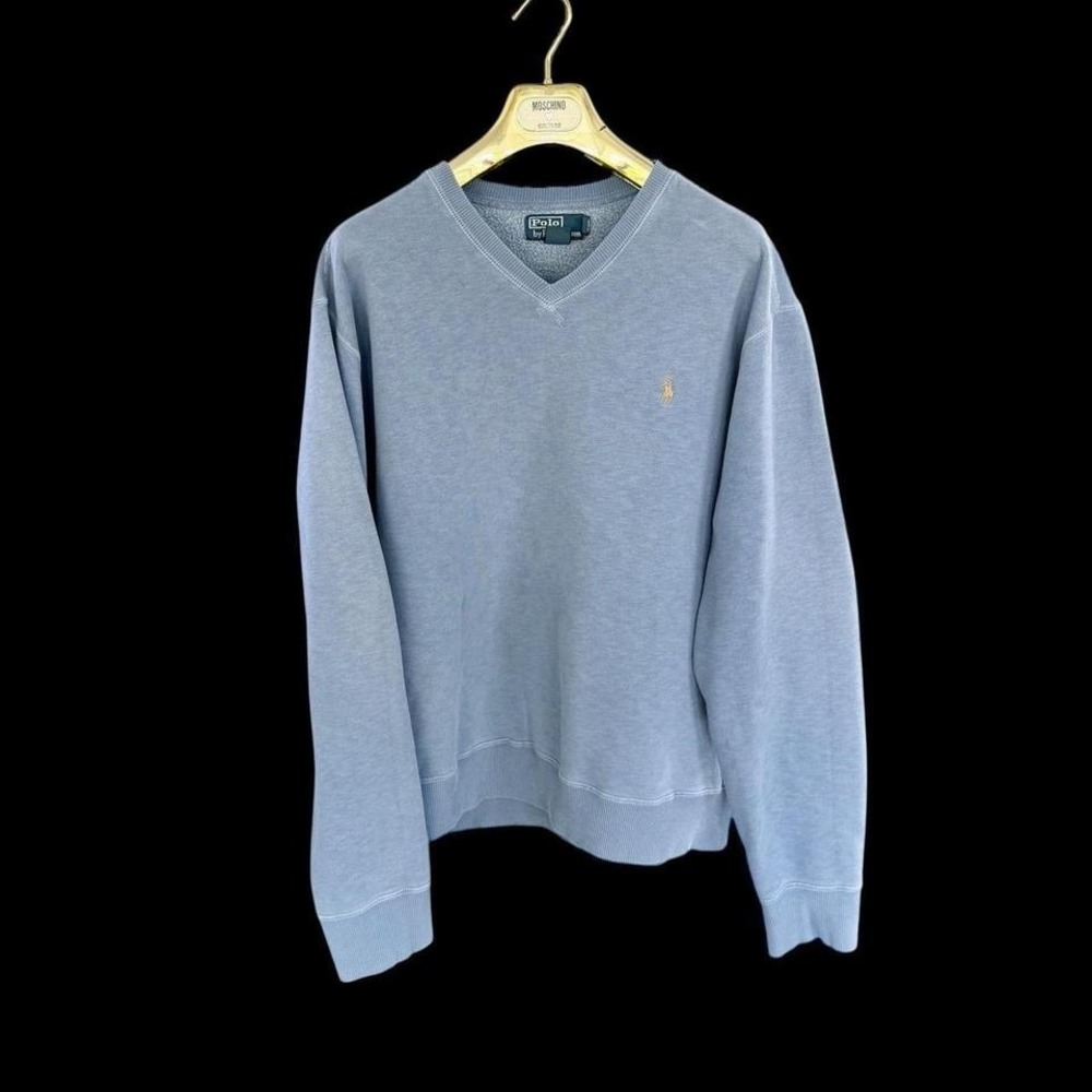 Vintage 90's Polo Ralph Lauren V Neck Sweatshirt Sz XL Blue Cotton Acrylic